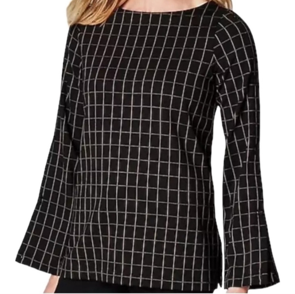 J. Jill Black & Camel Windowpane Plaid Knit Top Button Sleeve